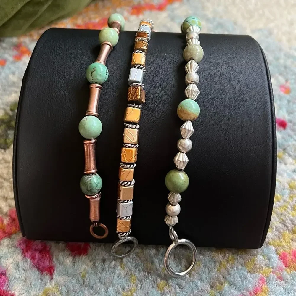 Copper + Turquoise + Silver 3 Bracelet Stack Set Mixed Metal